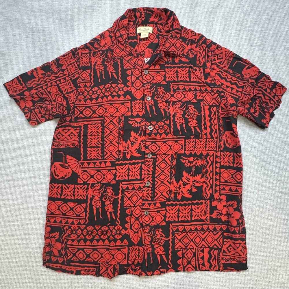 Panama Jack Mens Sz L Red Geometric Hawaiian Shirt Short Sleeve Hula Girl Rayon